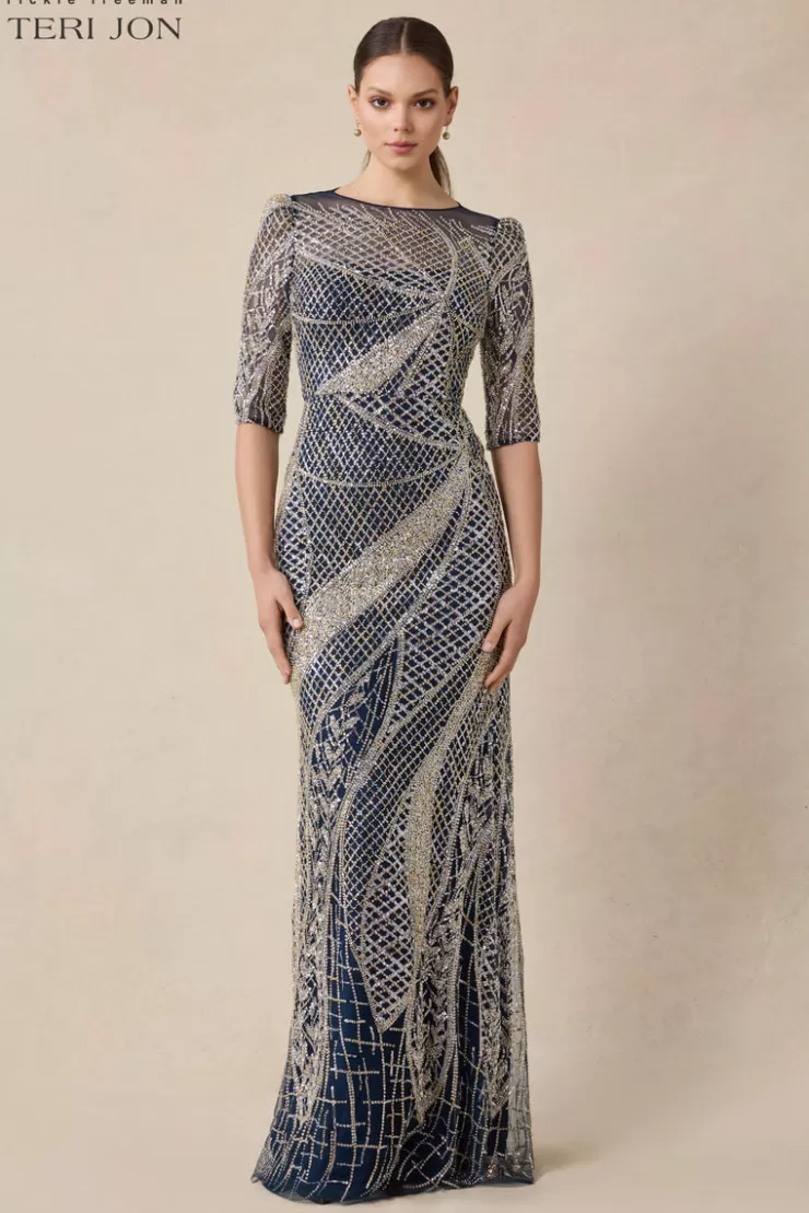 Teri Jon Art Deco Beaded Tulle Gown