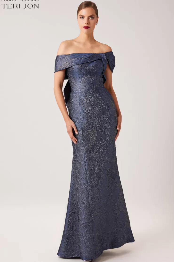 Teri Jon Asymmetrical Portrait Jacquard Evening Gown