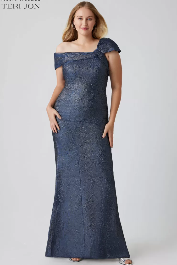 Teri Jon Asymmetrical Portrait Jacquard Evening Gown