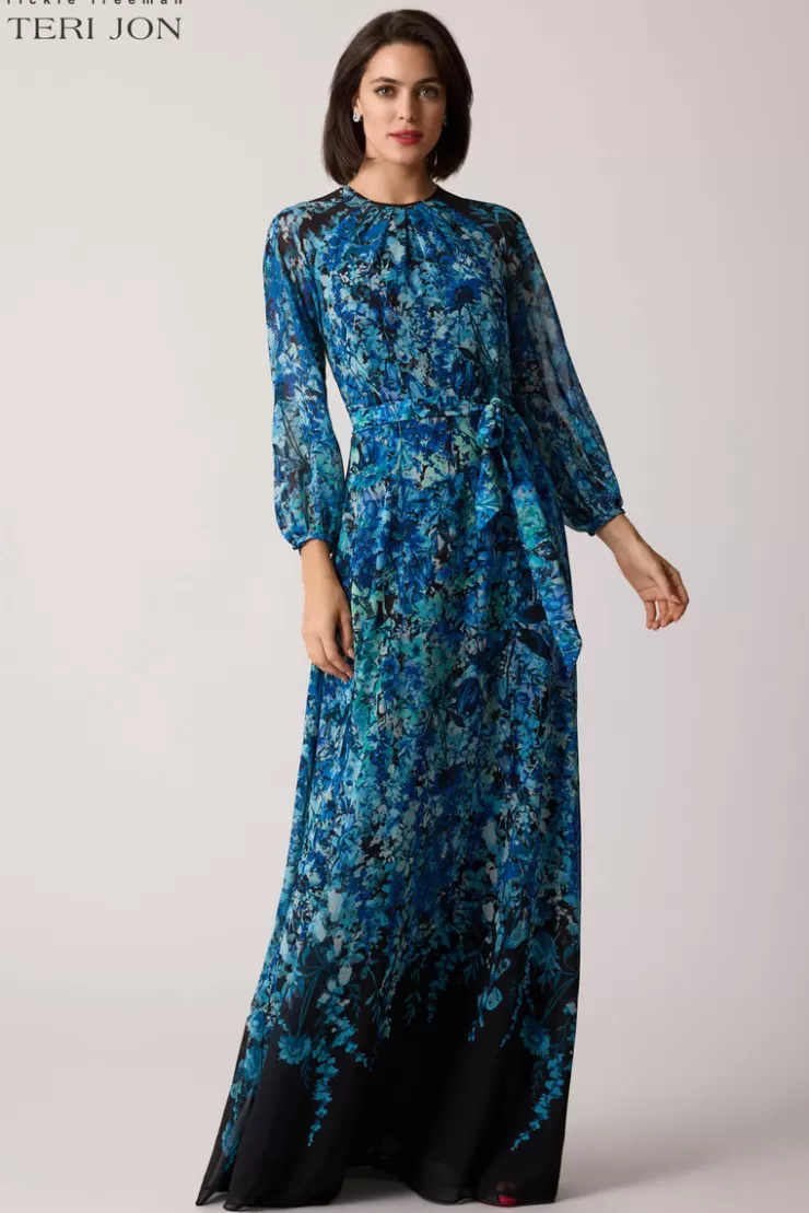 Teri Jon Chiffon Floral Print A Line Gown