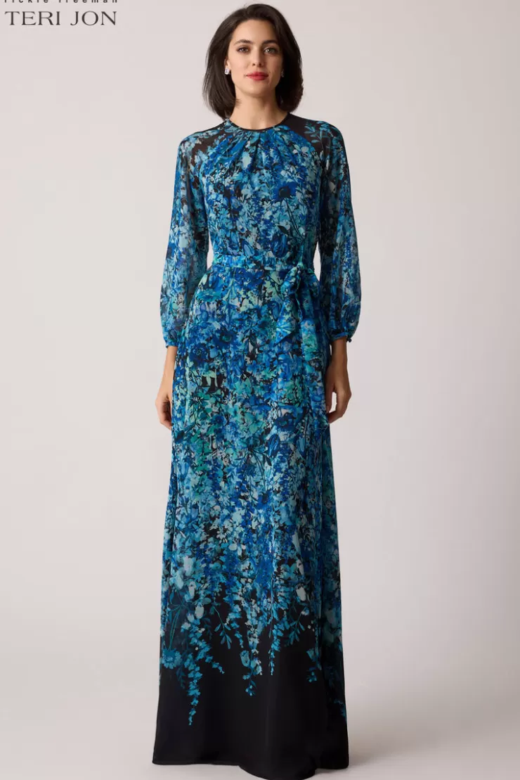 Teri Jon Chiffon Floral Print A Line Gown