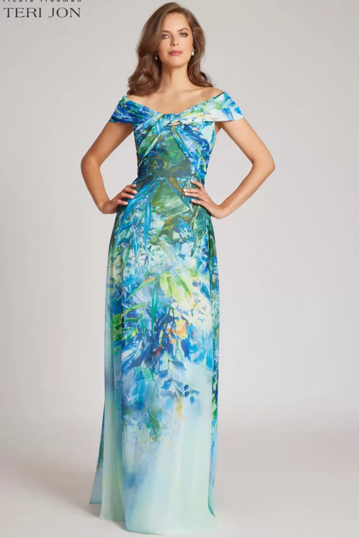 Teri Jon Chiffon Off The Shoulder Print Gown