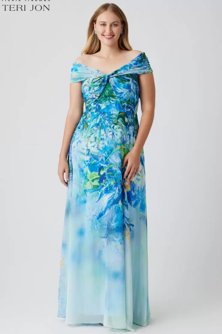 Teri Jon Chiffon Off The Shoulder Print Gown