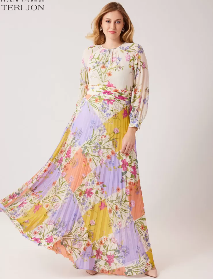 Teri Jon Chiffon Patchwork Floral Print Pleated Maxi Dress