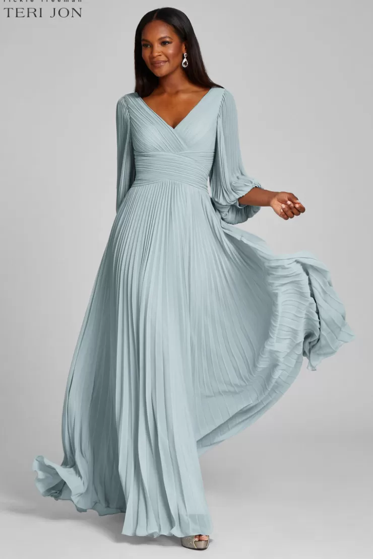 Teri Jon Chiffon Puff Sleeve Pleated VNeck Gown