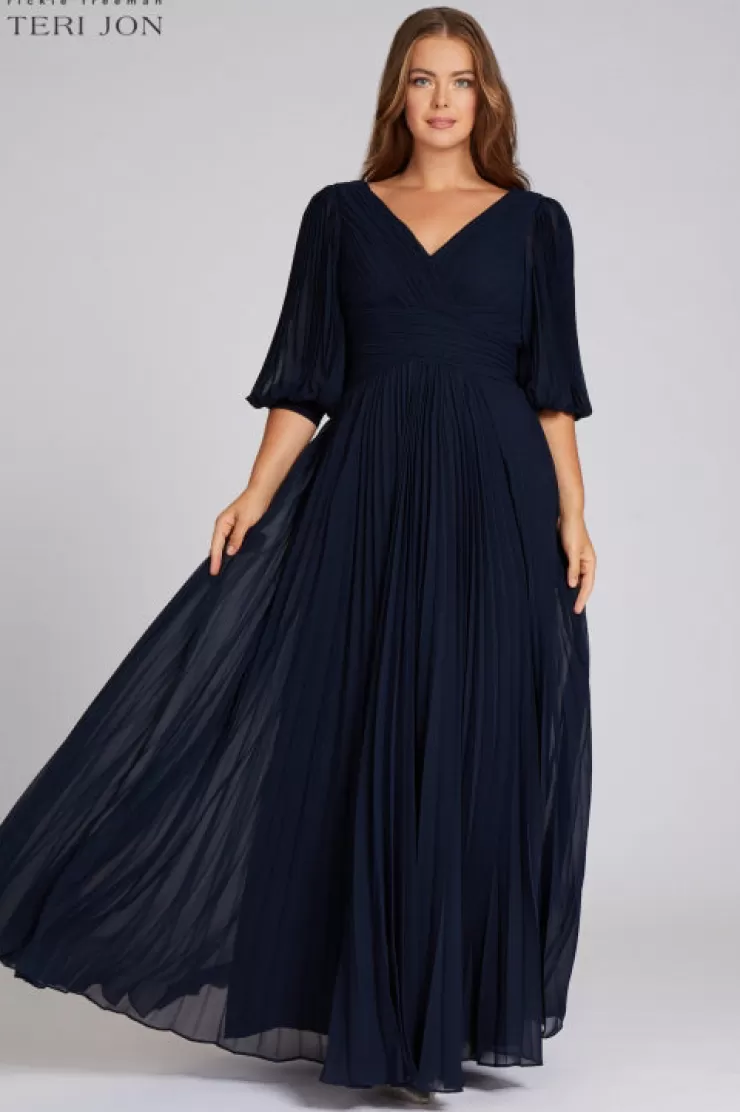 Teri Jon Chiffon Puff Sleeve Pleated VNeck Gown