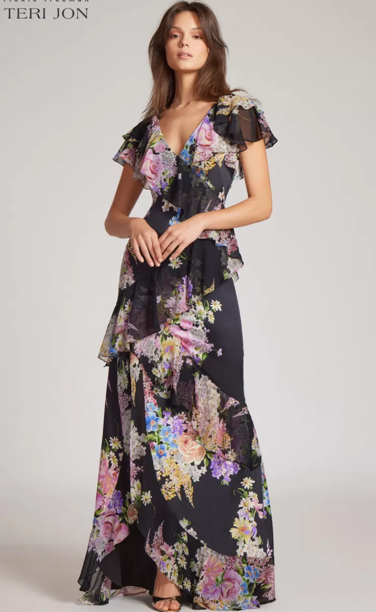 Teri Jon Chiffon V-Neck Ruffle Gown