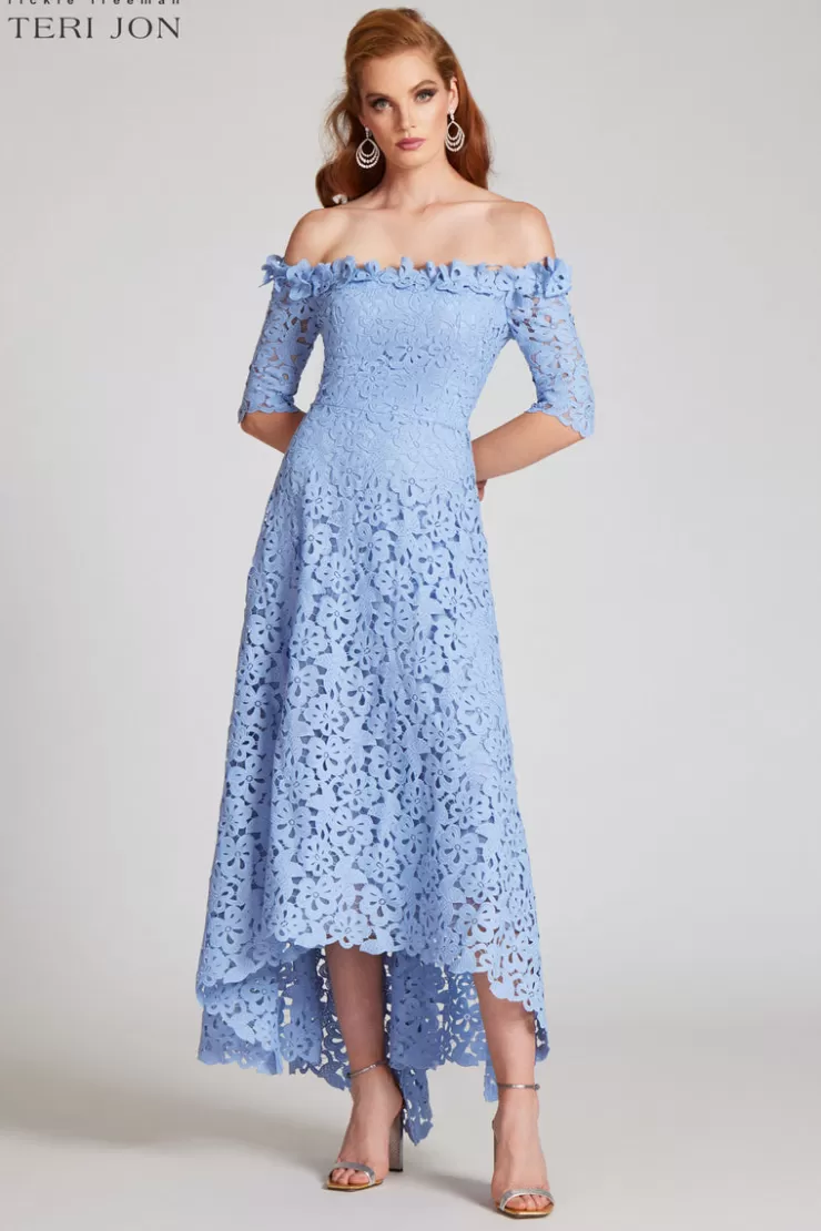 Teri Jon Cotton Lace Off the Shoulder High Low Dress