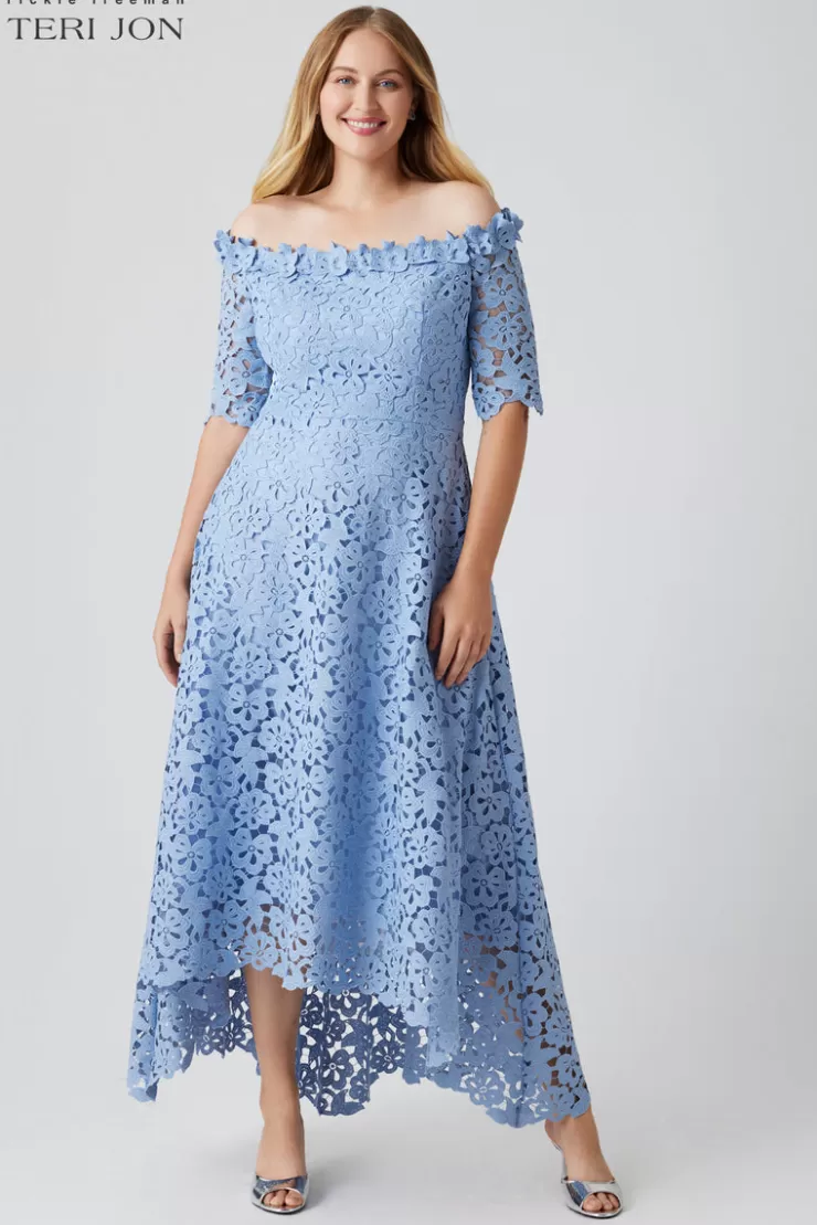 Teri Jon Cotton Lace Off the Shoulder High Low Dress