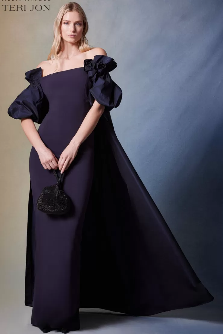 Teri Jon Crepe And Taffeta Evening Gown With Cape