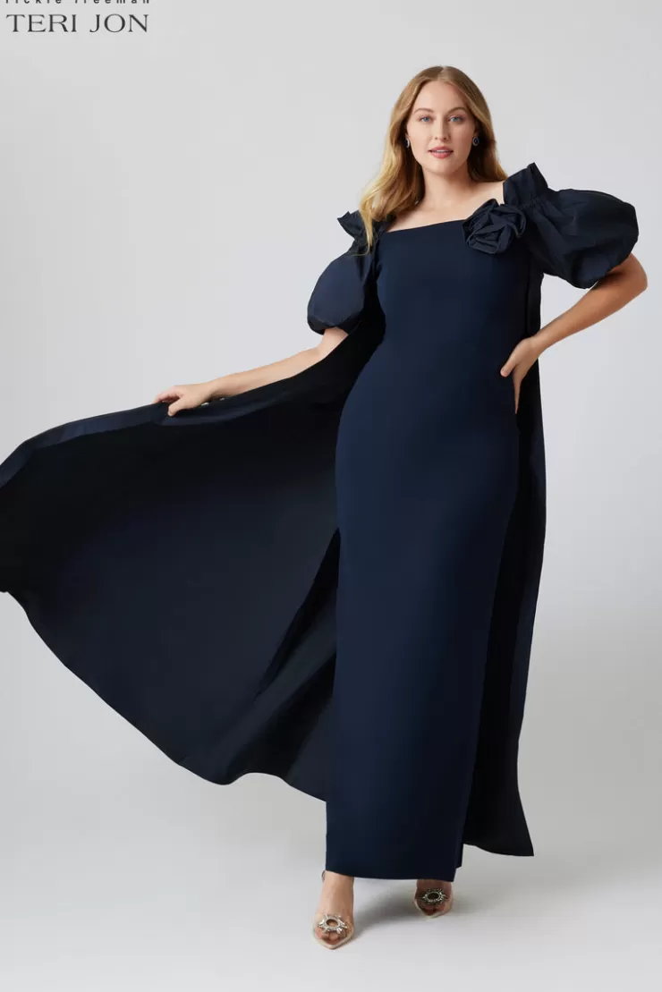 Teri Jon Crepe And Taffeta Evening Gown With Cape