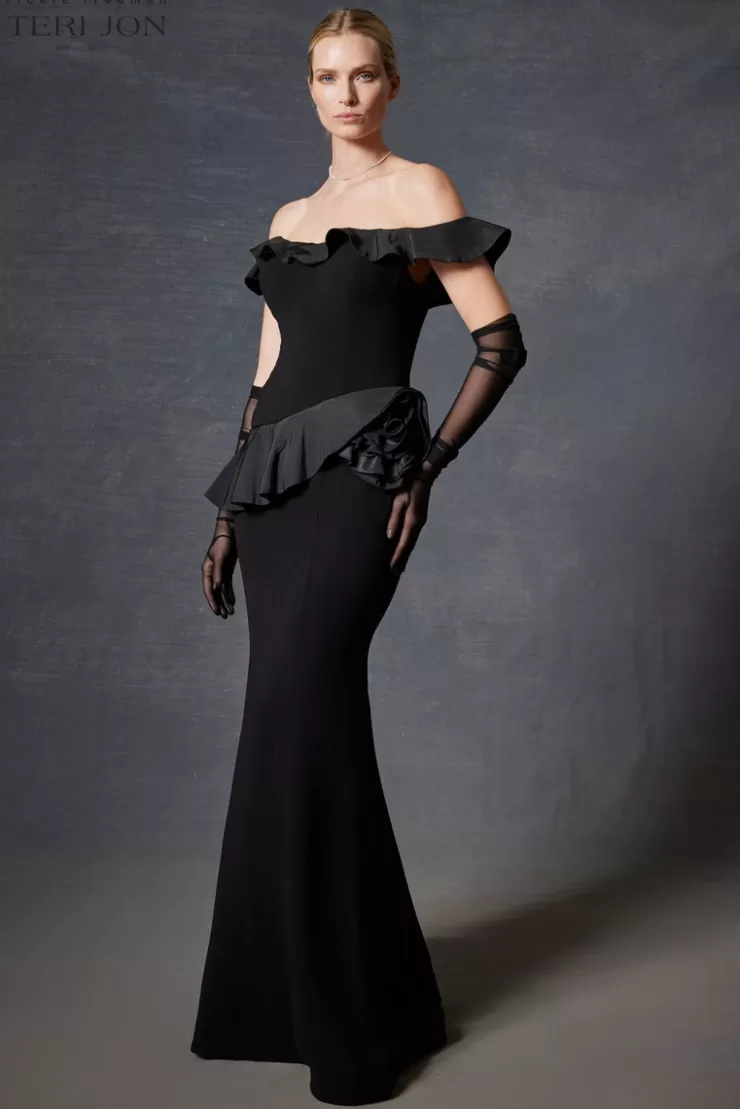 Teri Jon Crepe And Taffeta Ruffle Trim Gown