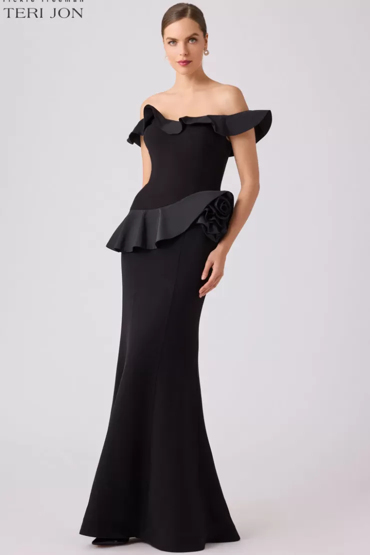 Teri Jon Crepe And Taffeta Ruffle Trim Gown