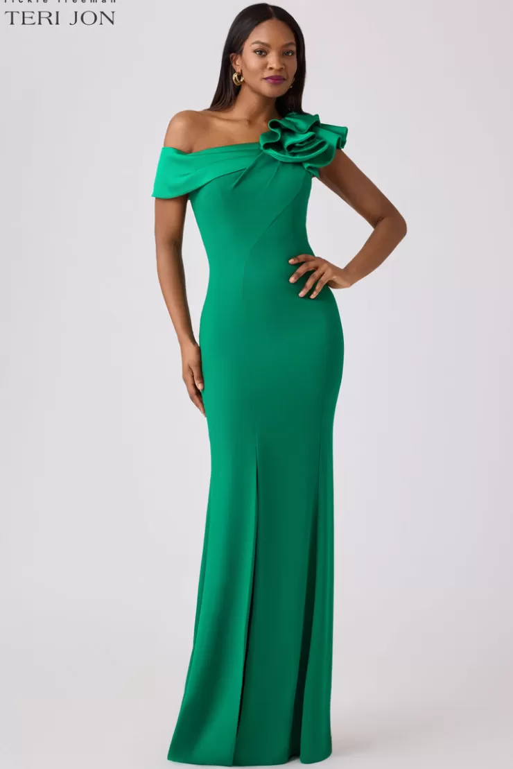 Teri Jon Crepe Asymmetrical Evening Column Gown