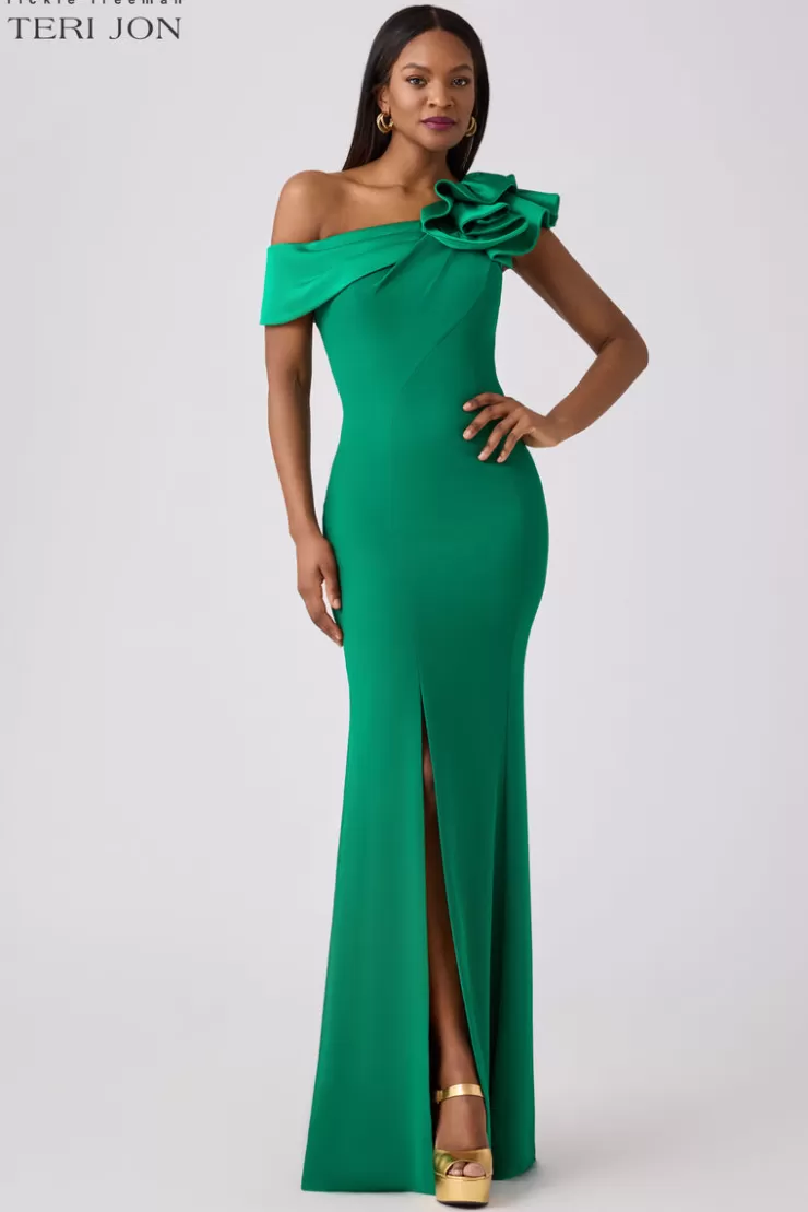 Teri Jon Crepe Asymmetrical Evening Column Gown