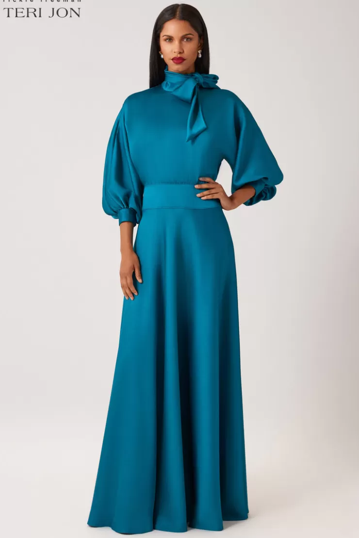 Teri Jon Crepe Back Satin Tie Neck Gown