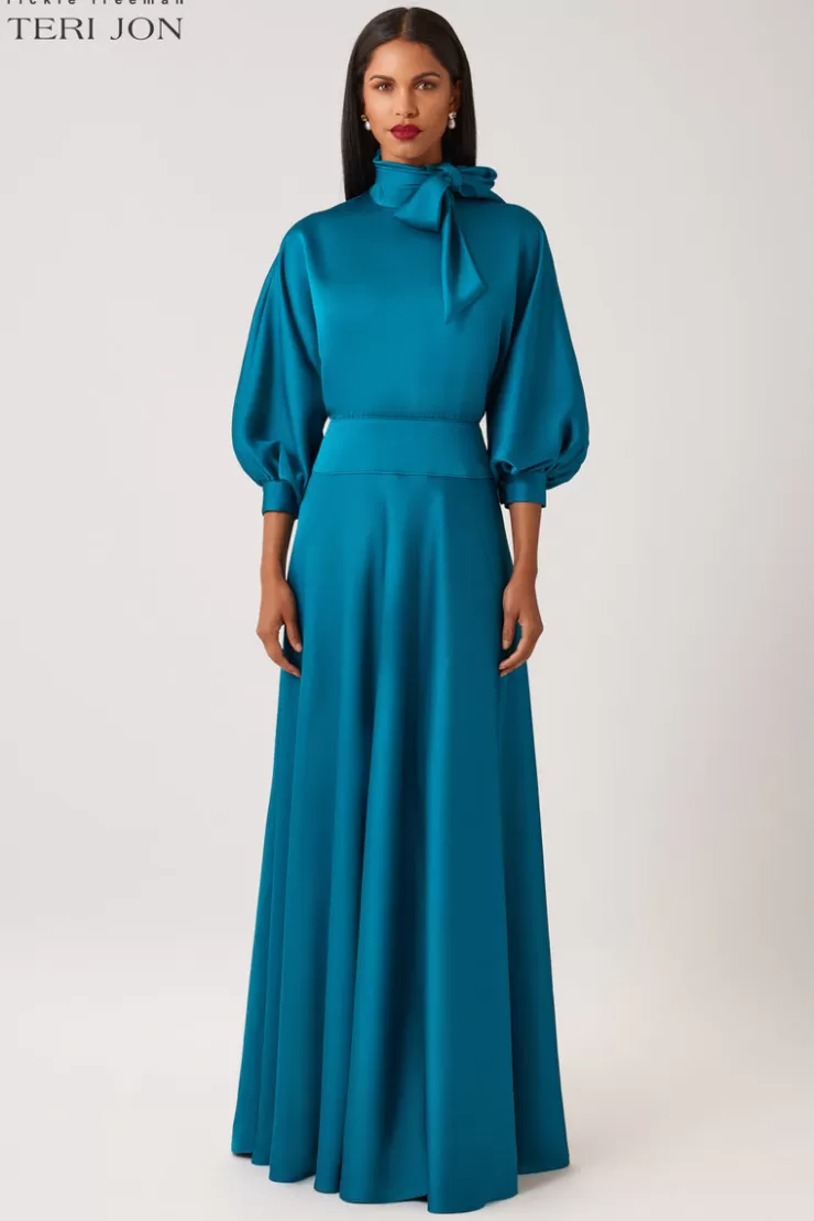 Teri Jon Crepe Back Satin Tie Neck Gown
