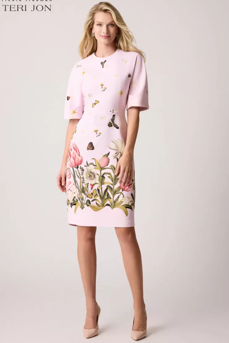 Teri Jon Crepe Butterfly Border Print Sheath Dress