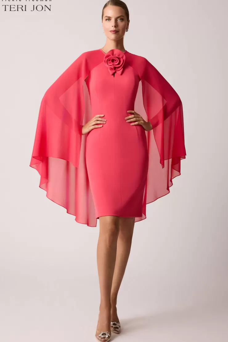 Teri Jon Crepe Chiffon Fly Away Cape Dress