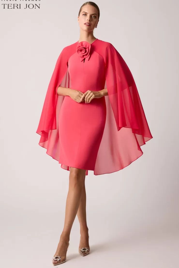 Teri Jon Crepe Chiffon Fly Away Cape Dress