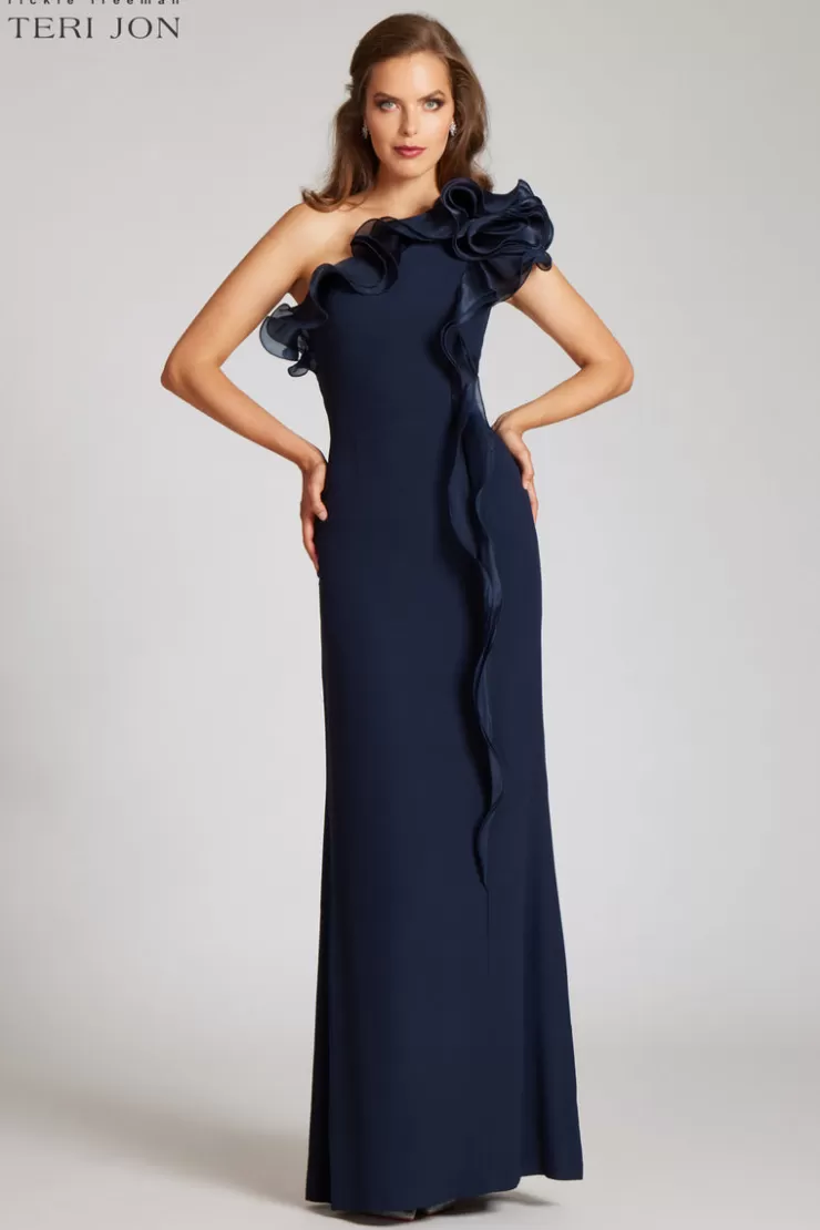 Teri Jon Crepe Column Gown With Organza