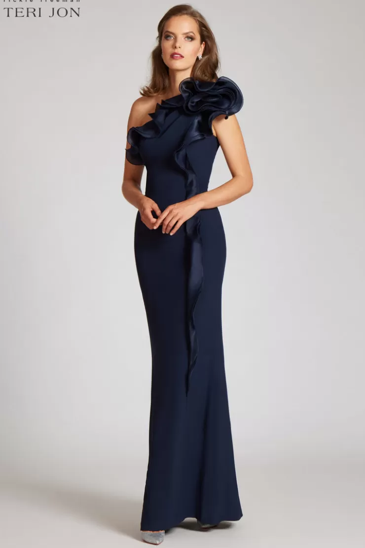 Teri Jon Crepe Column Gown With Organza