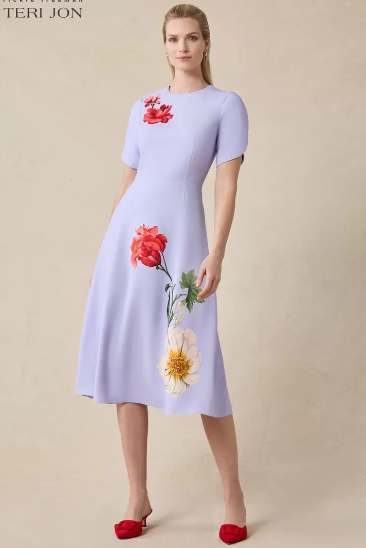 Teri Jon Crepe Digital Flower Print Fit And Flare Dress