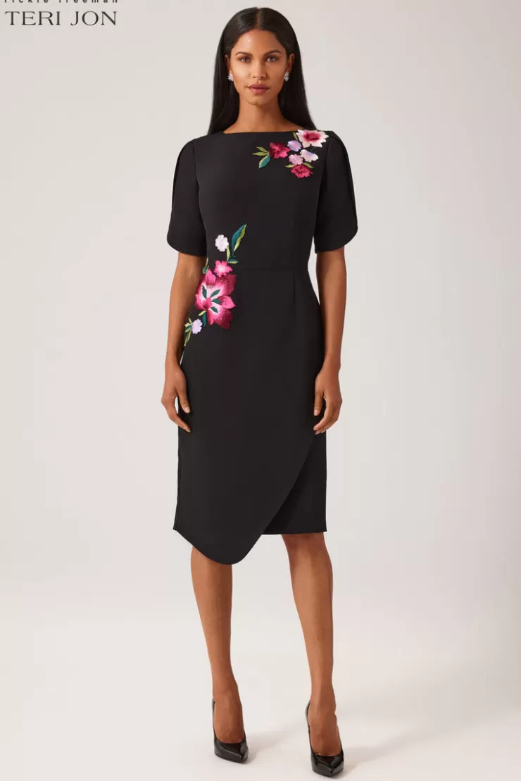 Teri Jon Crepe Embroidered Flower Stretch Dress