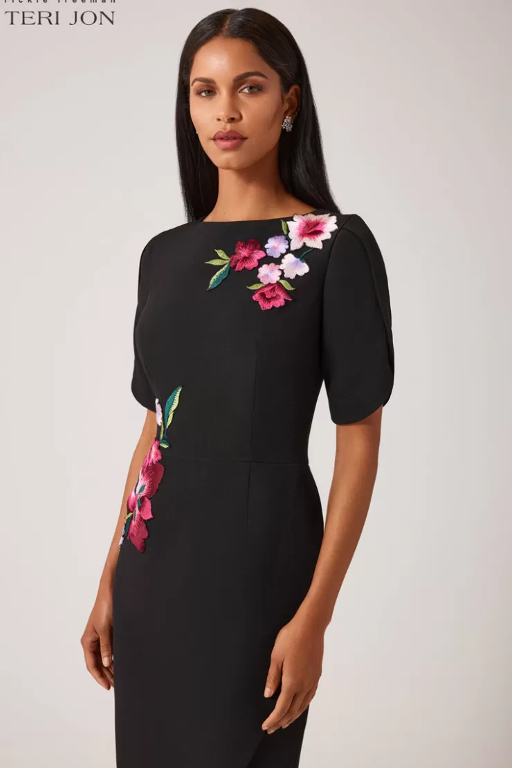 Teri Jon Crepe Embroidered Flower Stretch Dress