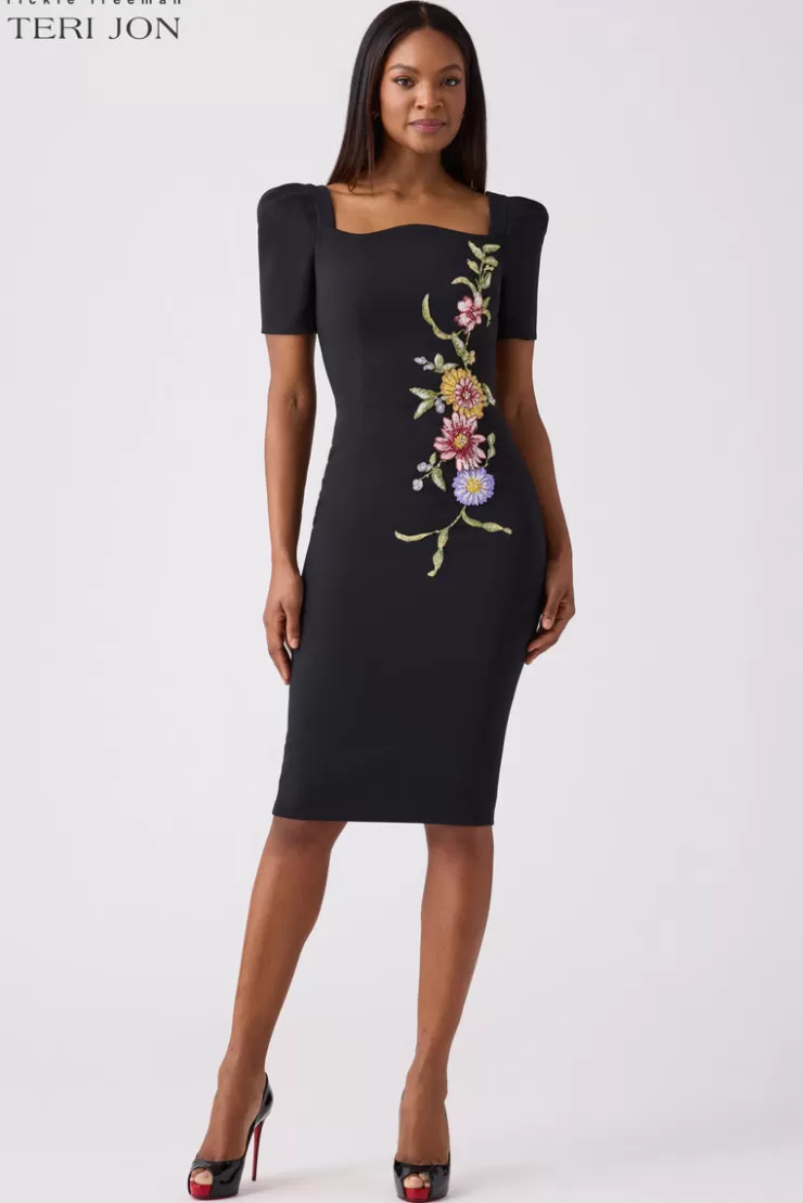 Teri Jon Crepe Embroidered Form Fitting Mini Dress