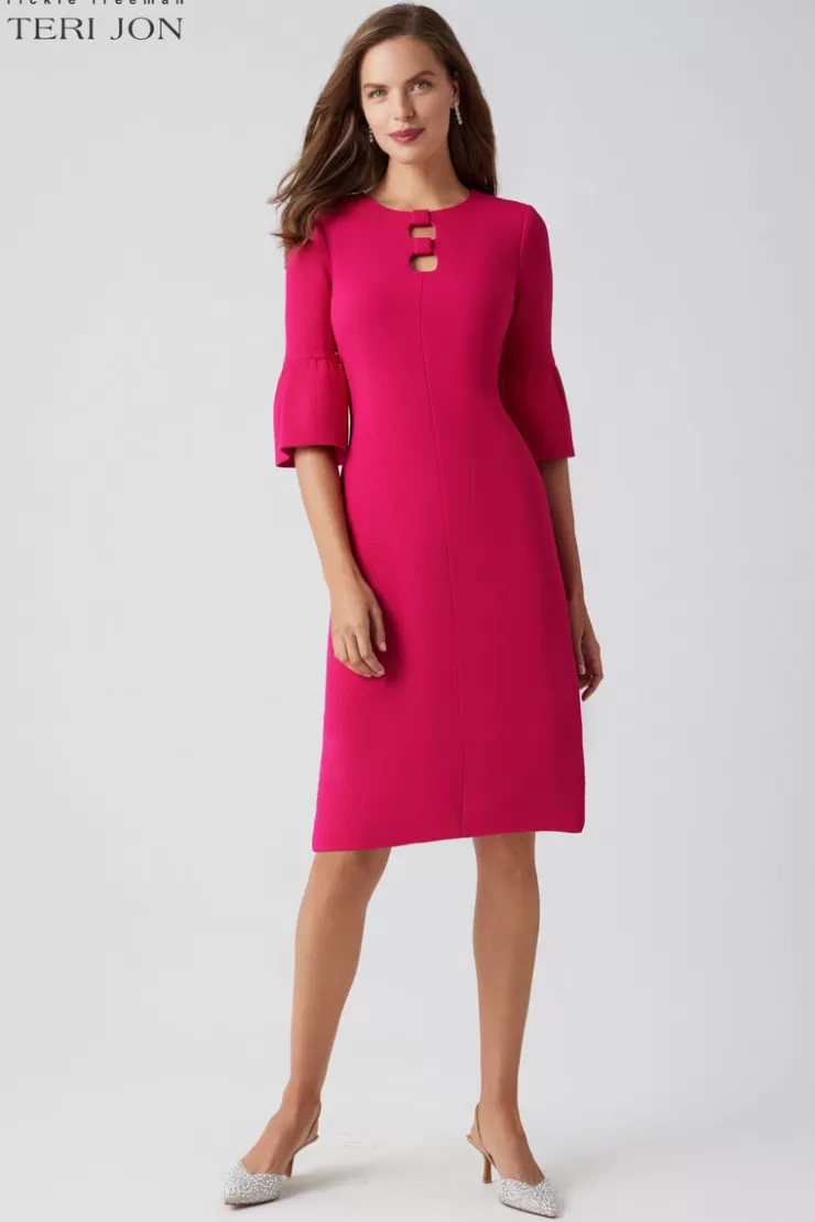 Teri Jon Crepe Keyhole Chest Flounce Cuff Dress