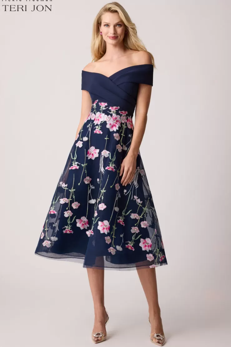 Teri Jon Crepe Off The Shoulder Embroidered Tulle Dress