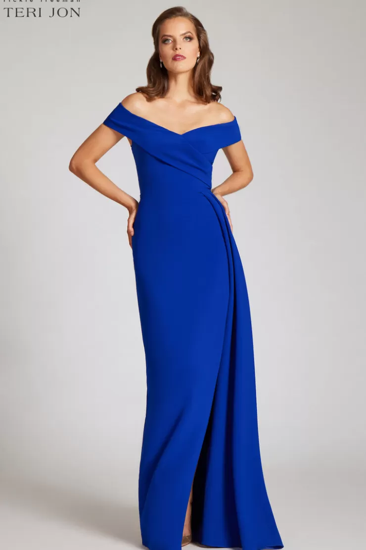 Teri Jon Crepe Off The Shoulder Portrait Side Drape Gown