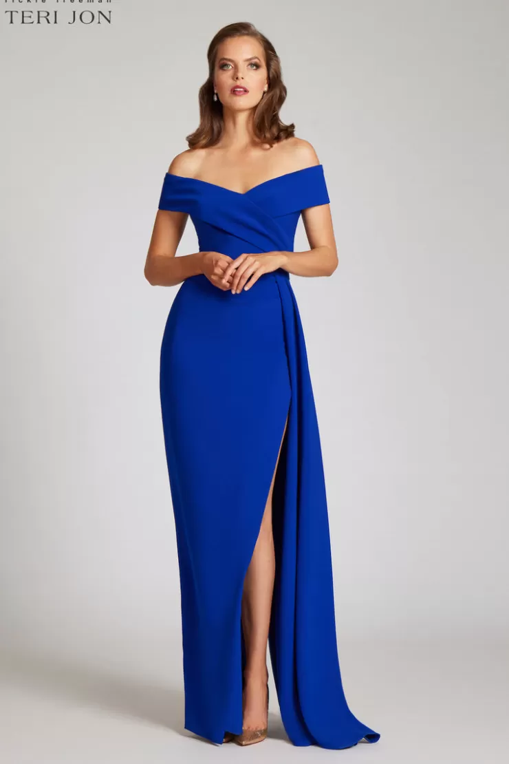 Teri Jon Crepe Off The Shoulder Portrait Side Drape Gown