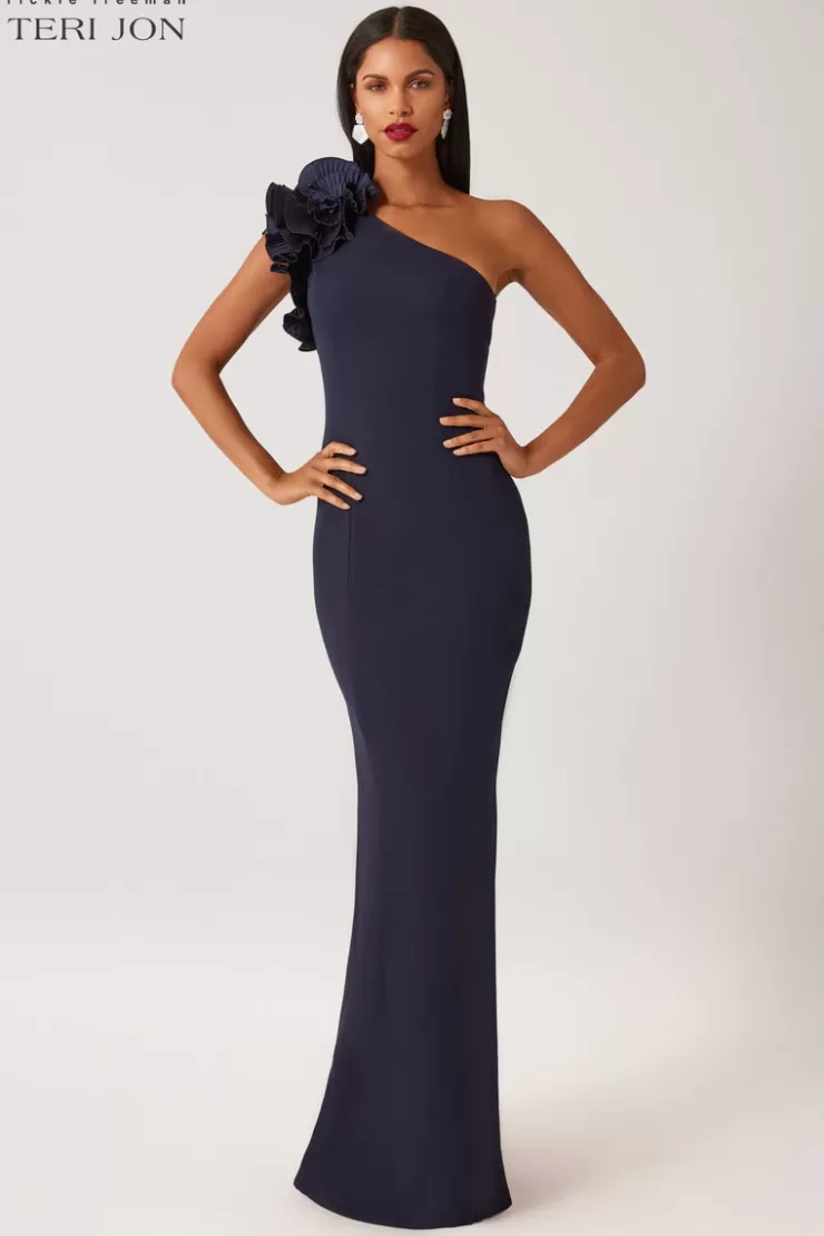 Teri Jon Crepe One Shoulder Column Evening Gown