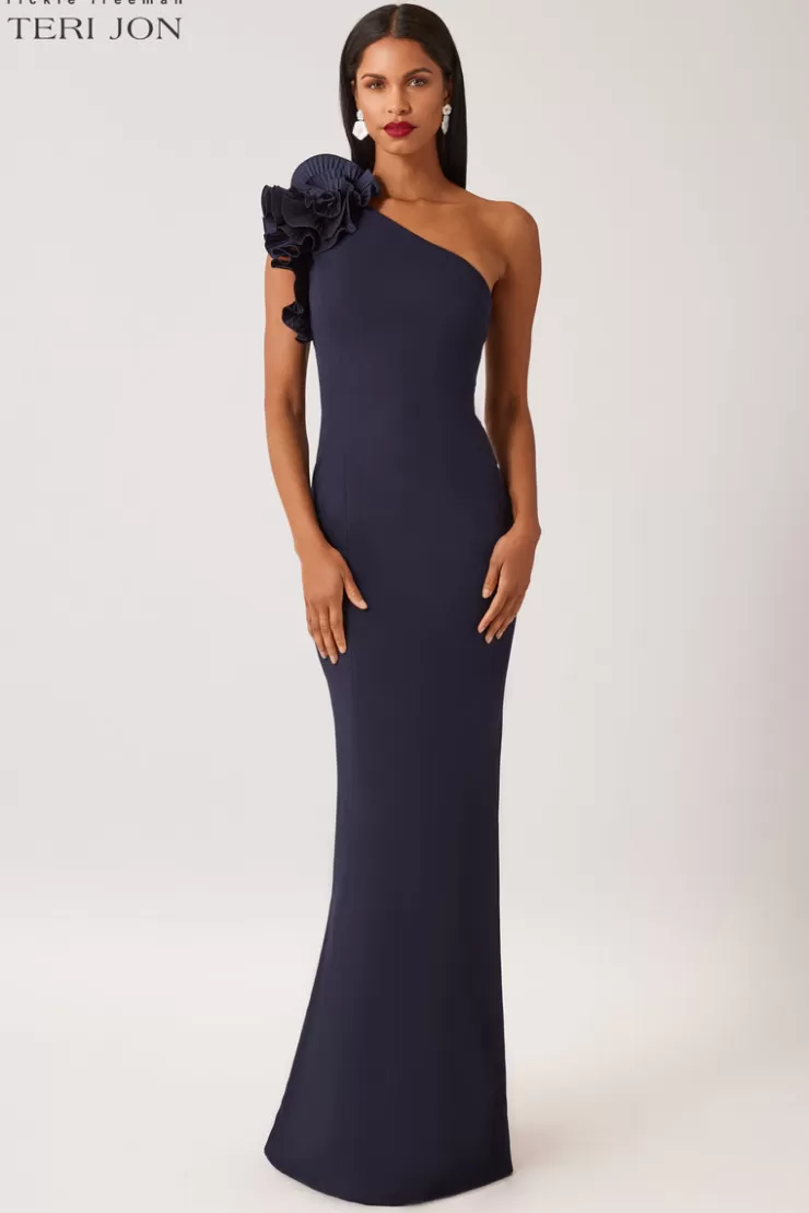 Teri Jon Crepe One Shoulder Column Evening Gown