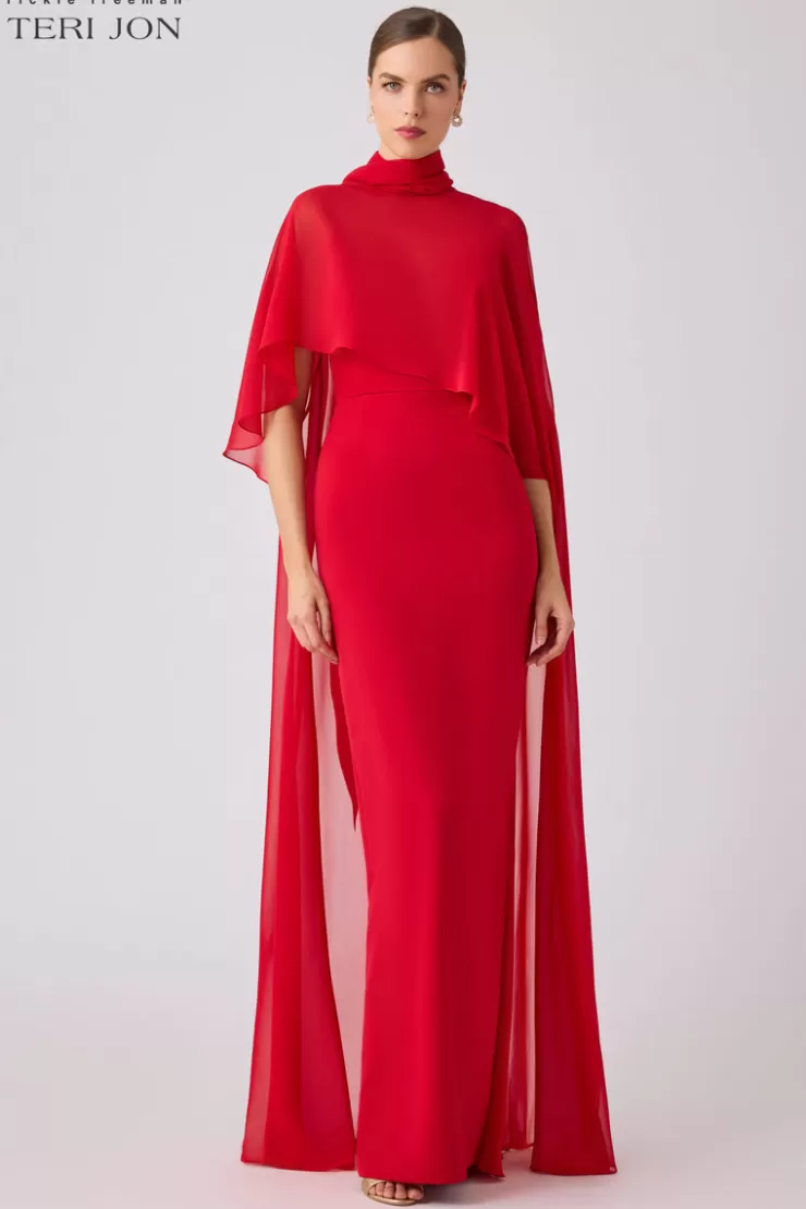 Teri Jon Crepe Slip Bodice Gown With Chiffon Cape Overlay