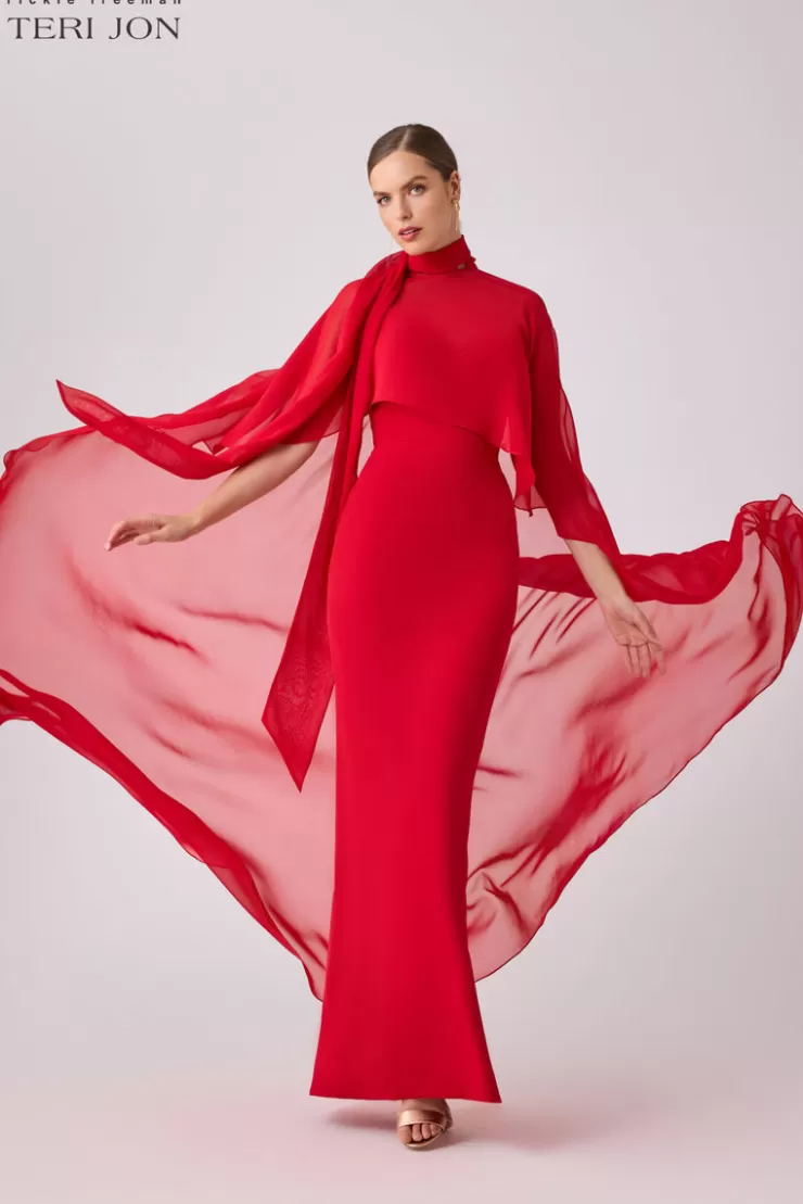 Teri Jon Crepe Slip Bodice Gown With Chiffon Cape Overlay