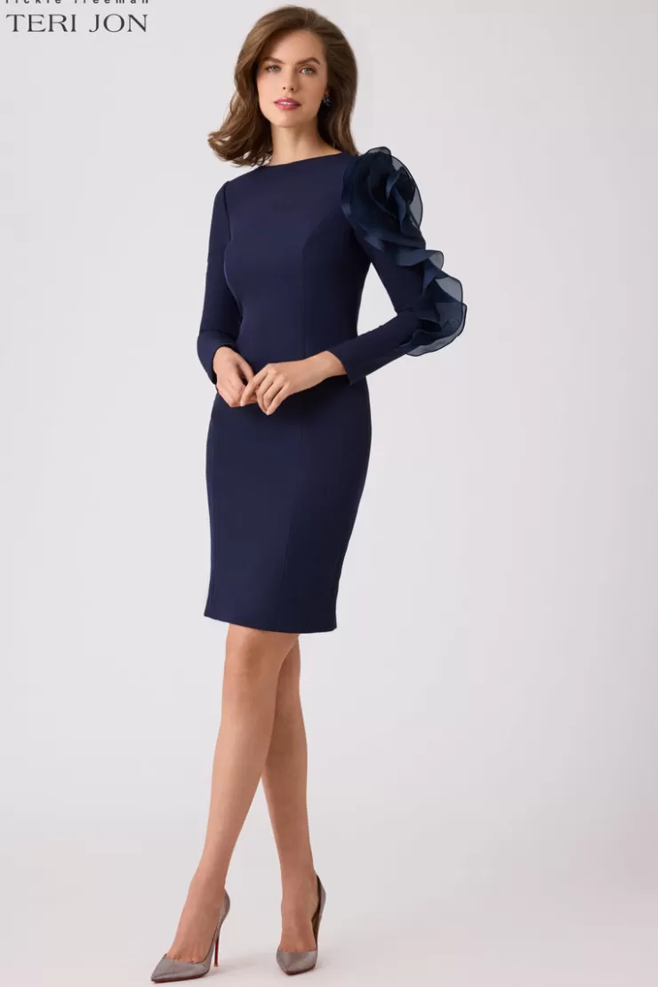 Teri Jon Crepe Taffeta One Applique Sleeve Dress