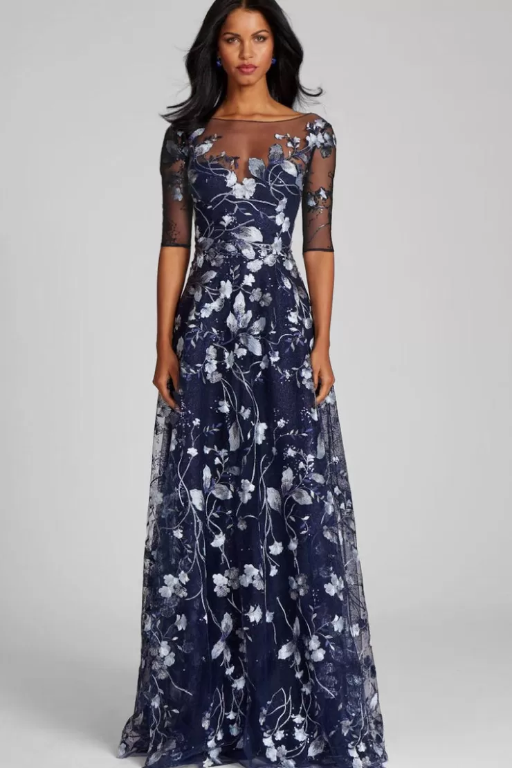 Teri Jon Embroidered Lace Illusion Gown With Elbow Sleeves