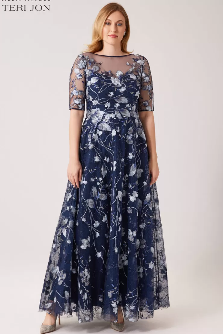 Teri Jon Embroidered Lace Illusion Gown With Elbow Sleeves