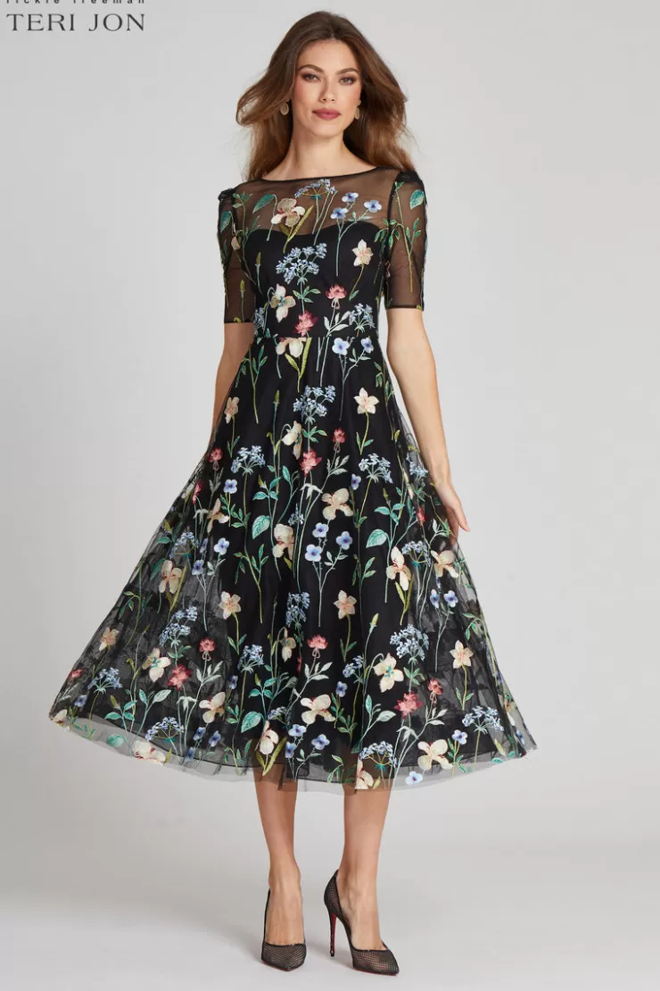 Teri Jon Embroidered Tulle Dress With Floral Print