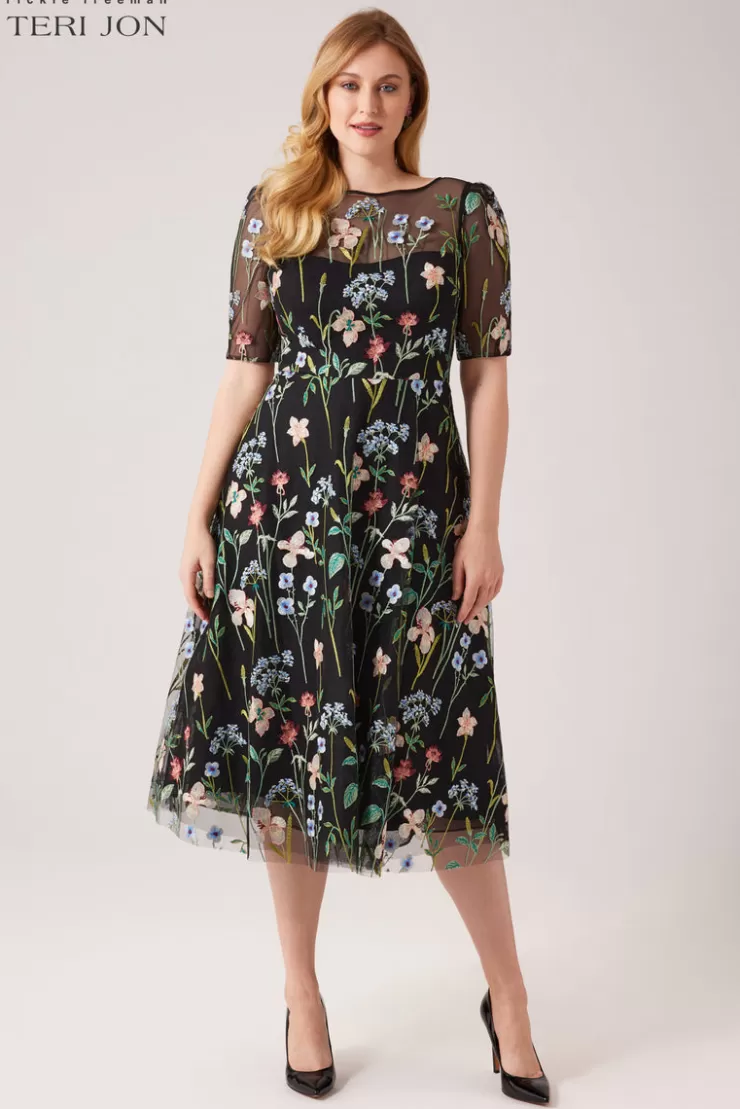 Teri Jon Embroidered Tulle Dress With Floral Print