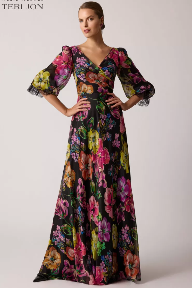 Teri Jon Floral Chiffon Bodice Lace Trim Sleeve Gown