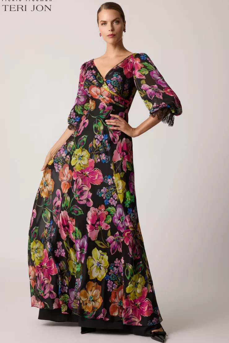 Teri Jon Floral Chiffon Bodice Lace Trim Sleeve Gown