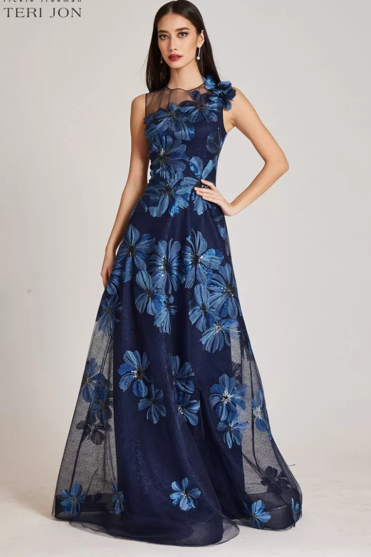 Teri Jon Floral Embroidered Tulle Gown With 3D Flower