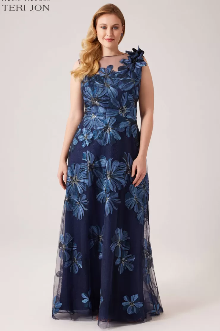 Teri Jon Floral Embroidered Tulle Gown With 3D Flower