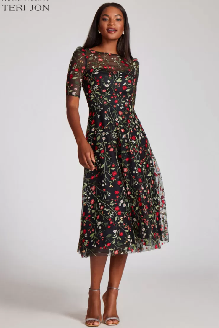 Teri Jon Floral Embroidered Tulle Midi Dress