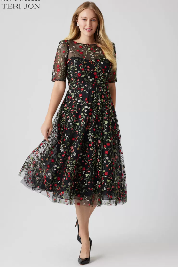 Teri Jon Floral Embroidered Tulle Midi Dress