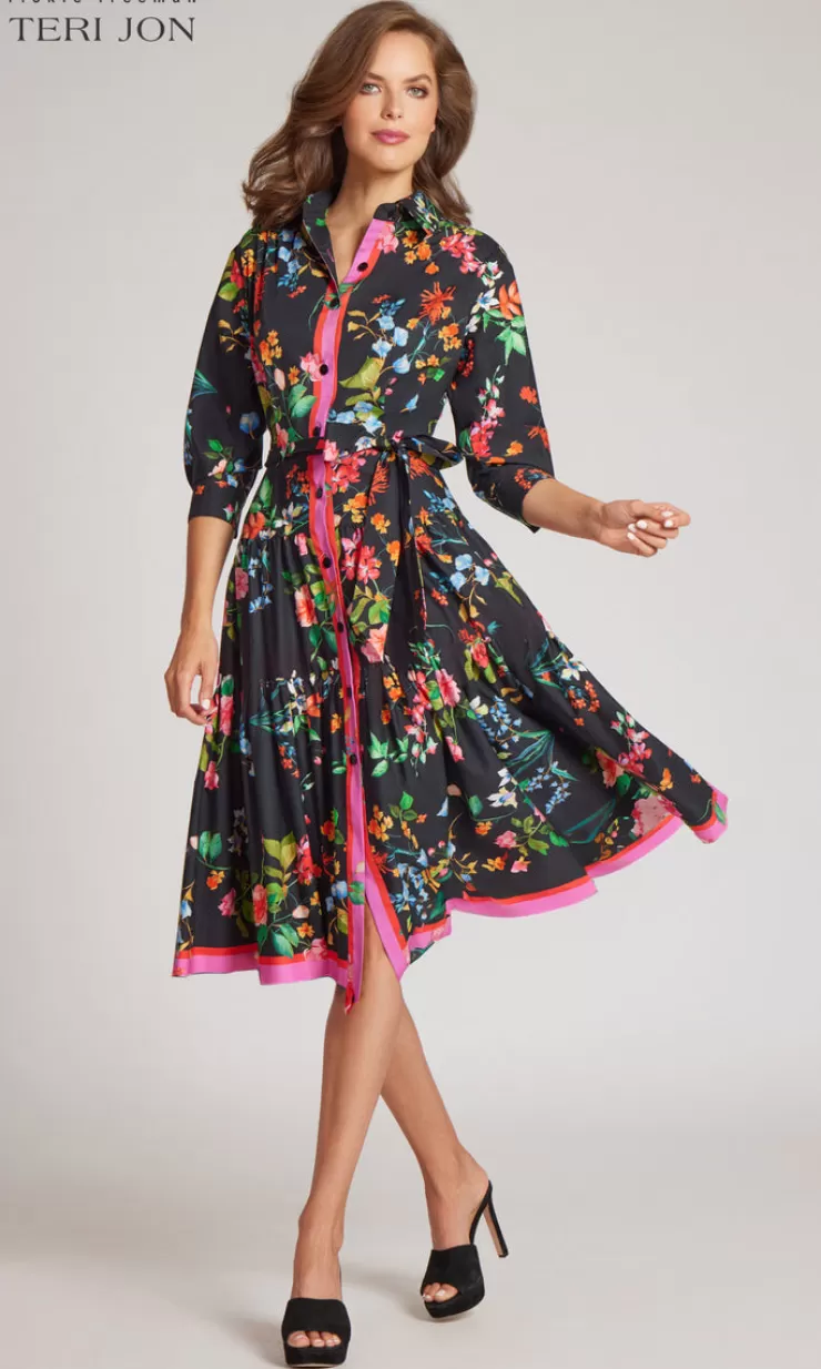 Teri Jon Floral Flounce Hem Shirt Dress